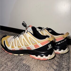 Salomon XA Pro 3D Cream, Gold, Pink, and Black Athletic Shoes with QuickLa